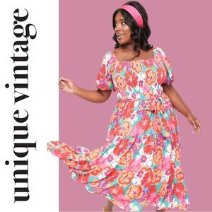 Unique Vintage Flying Tomato 70s Red & Pink Abstract Floral Midi Dress, NWT!